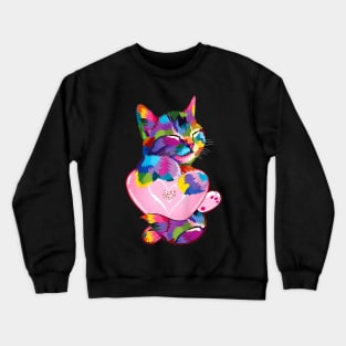 Rainbow Valentine Cute Cat Hugging Heart Kitty Love Cat Crewneck Sweatshirt